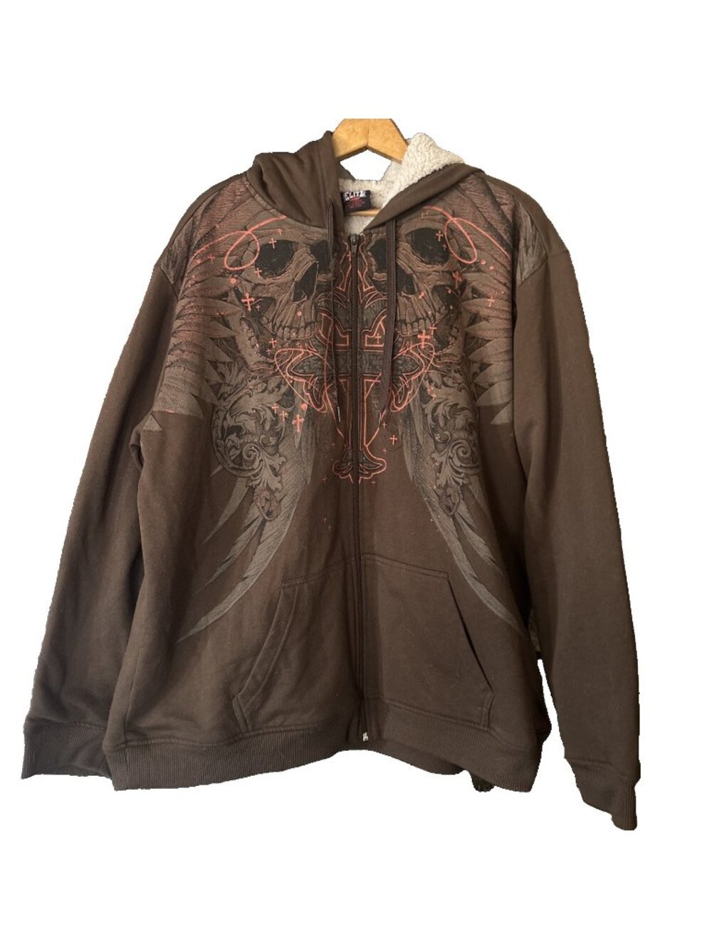 VTG MMA Elite Full Zip Hoodie XXL Brown Y2K WingedGrunge Cross Thermal Lined 90s